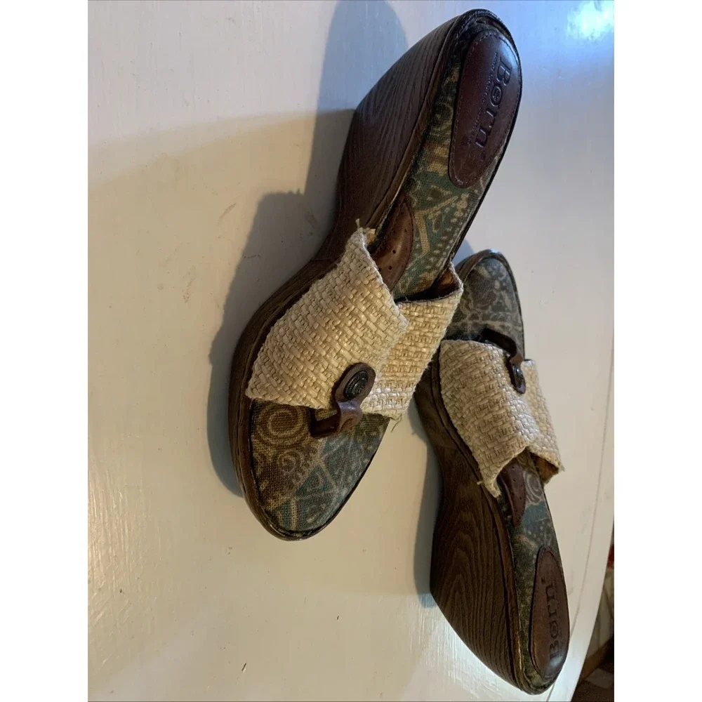 Born HandCrafted Footwear Weave Wedge Platform Raffia Sandals Slides Sz 9